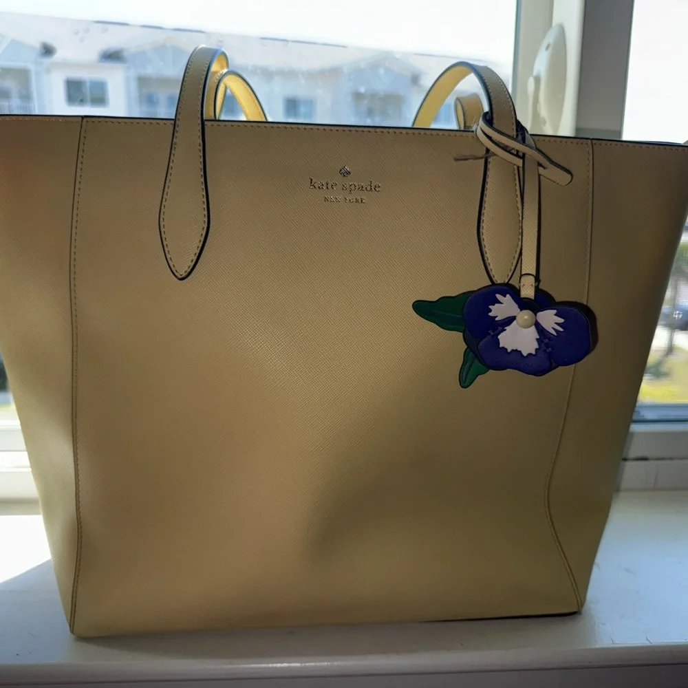 Kate Spade New York Light Yellow Dana Tote with Purple Floral Pansy Charm